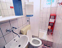 sink, indoor, wall, plumbing fixture, bathroom, toilet, bathtub, tap, shower